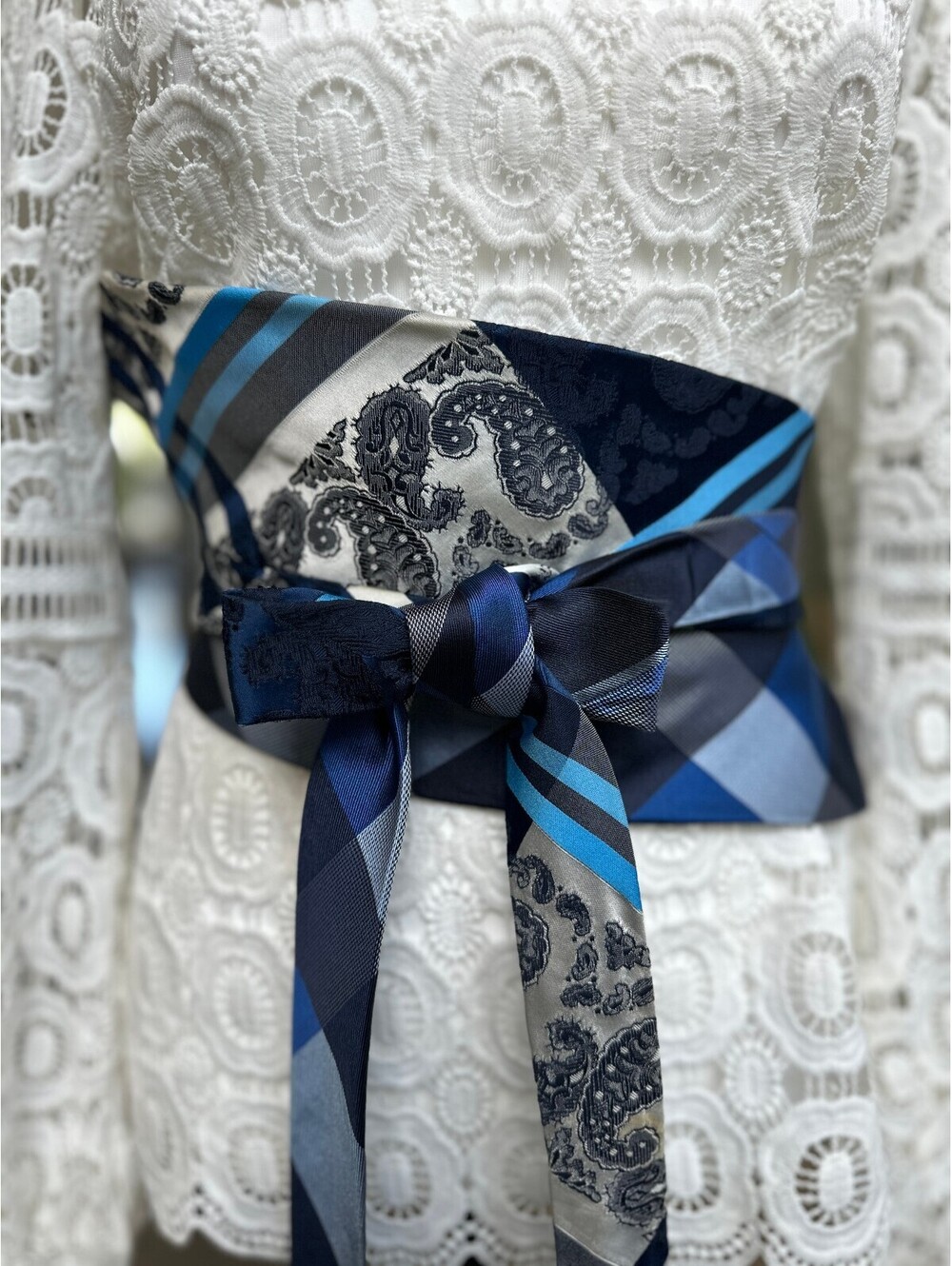 Upcycled Vintage Blue Mixed Pattern Corset Style Obi Tie Waist Belt | OOAK | OS